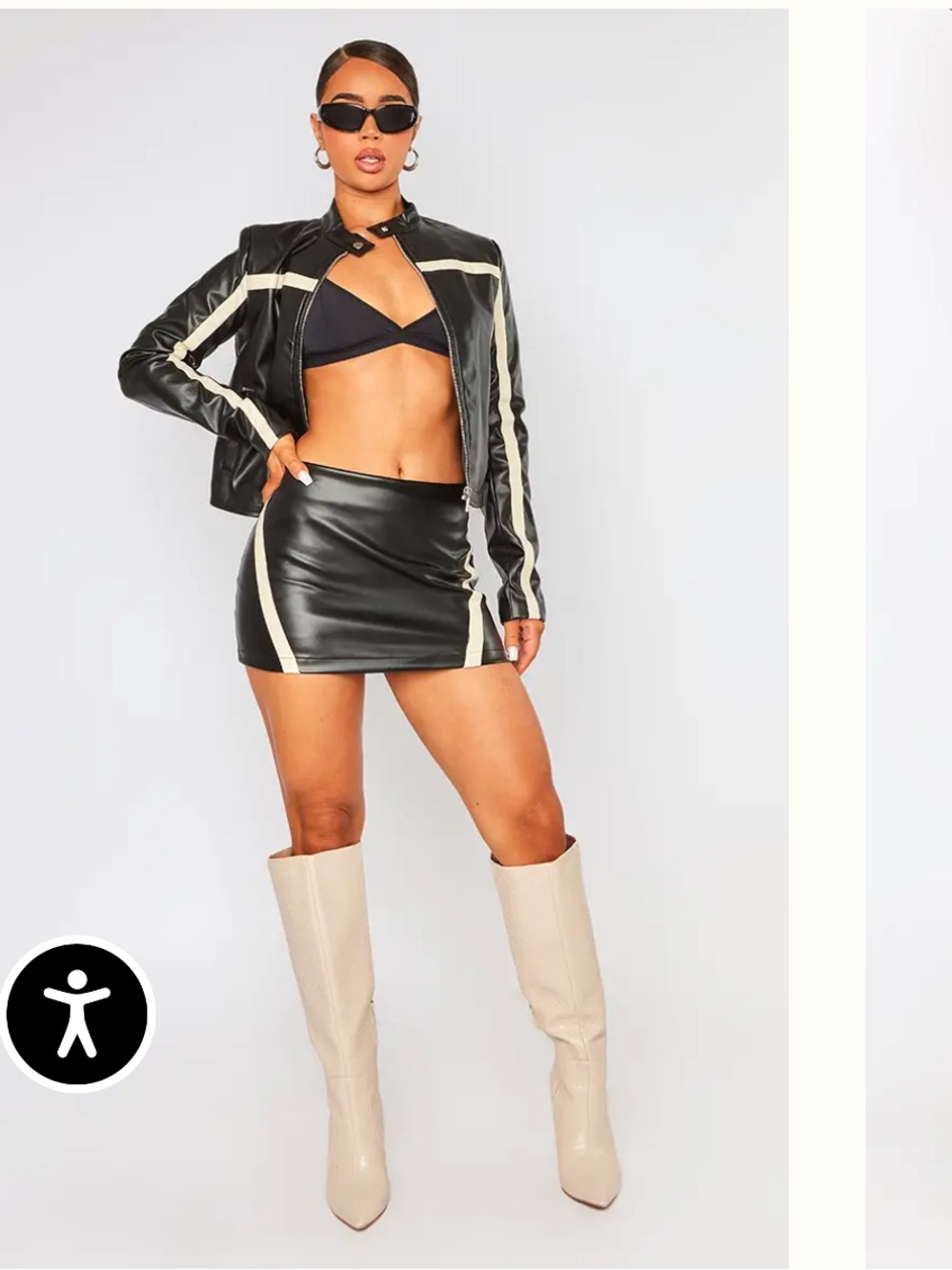 PrettyLittleThing Black Faux Leather Mini Skirt with Cream Side Stripes
